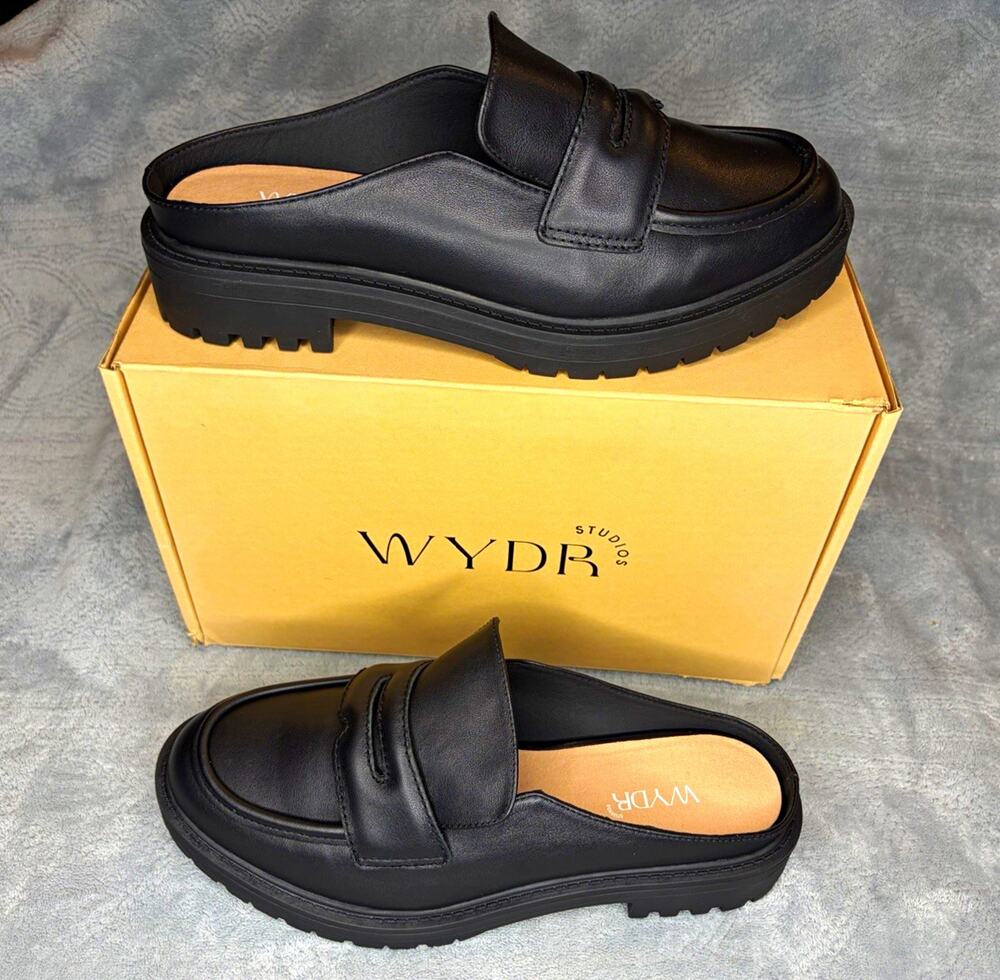 WYDR Alex Lug Loafer Mule Women's Black Leather Slip-On US 9 WW EU 40